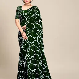 MS RETAIL Green & White Pure Georgette Block Print Saree-picture-25