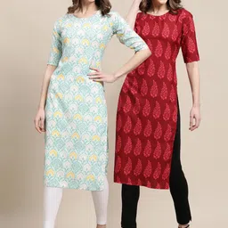 7threads KALINI Women Pack of 2  Blue & Red Ethnic Motifs Printed Crepe Kurta image 1