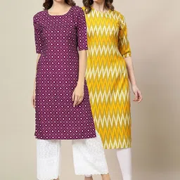 7threads KALINI Women Pack Of 2 Purple & Yellow Ethnic Motifs Printed Crepe Kurta image 1