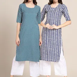 7threads KALINI Women Pack of 2  Blue & Green Ethnic Motifs Printed Summer Sheers Crepe Kurta image 1