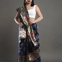 Mitera Navy Blue & Red Ethnic Motifs Woven Design Zari Banarasi Saree-image-65