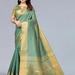 Winza Designer Green & Gold-Toned Zari Silk Blend Banarasi Saree-image-59