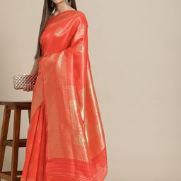 Varanga Red & Gold Floral Zari Silk Blend Banarasi Saree-picture-31