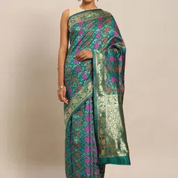 Sangria Green Floral Woven Design Zari Banarasi Saree-image-76