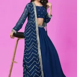 PARROT CREATION Floral Embroidered Crop Top With Shrug And Skirt image 3