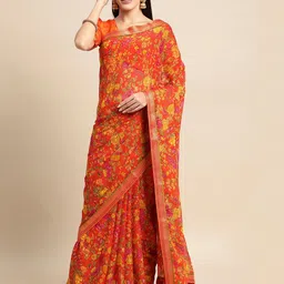 Satrani Floral Printed Zari Saree-image-11