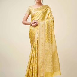Mitera Yellow & Gold-Toned Ethnic Motifs Woven Design Zari Organza Saree-picture-30