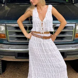 LULU & SKY Tiered V-Neck Crop-Top With Midi Skirt Co-Ords image 3