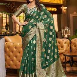KALINI Ethnic Motifs Woven Design Zari Organza Banarasi Saree-image-87