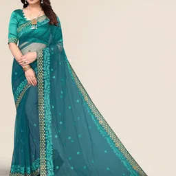 ALAGINI Floral Embroidered Beads and Stones Net Saree-picture-10