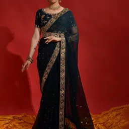 Mitera Teal & Gold-Toned Ethnic Motifs Sequinned Embroidered Pure Georgette Belted Saree image 1
