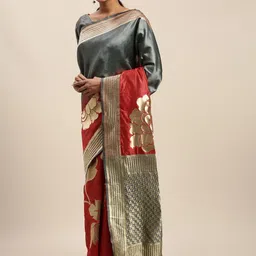 Sangria Grey & Red Floral Woven Design Zari Detailed Saree-picture-33