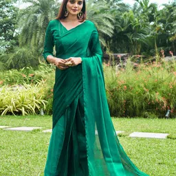 Mitera Sea Green & Silver-Toned Organza Saree-picture-16
