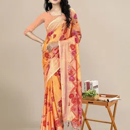 KALINI Orange & Red Floral Pure Chiffon Saree-picture-17