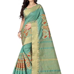 KALINI Turquoise Blue & Gold-Toned Ethnic Motifs Zari Silk Cotton Bagh Saree image 1