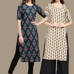 7threads KALINI Women Pack of 2 Beige & Teal Printed Crepe Kurta image 1