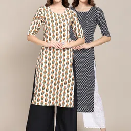 7threads KALINI Women Pack of 2 Black & Beige Printed Crepe Kurta image 1