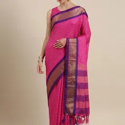 KALINI Pink & Blue Checked Zari Silk Cotton Uppada Saree-picture-15