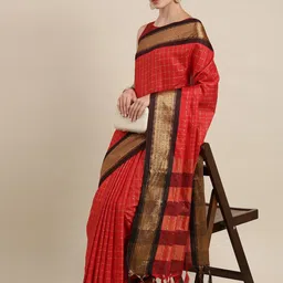 KALINI Red & Brown Checked Zari Silk Cotton Uppada Saree-picture-32