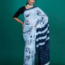 BUTA BUTI Navy Blue & White Pure Cotton Saree-picture-15