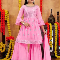 BAESD Girls Geometric Embroidered Sequinned Anarkali Kurta With Sharara &Du patta-picture-37