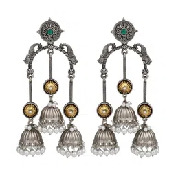 Anvik Silver-Plated Artificial Stones Studded & Beaded Dome Shaped Jhumkas image 2