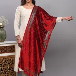 Exotic India Women Geometric Embellished Beads & Stones Velvet Dupatta-image-11