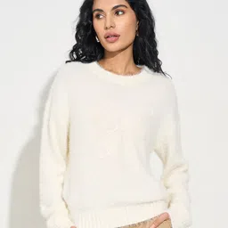 People Women Embroidered Long Sleeves Pullover with Ribbed Hem-image-1