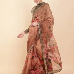 Sangria Women Brown & Olive Floral Printed Embellished Border Organza Sarees image 2
