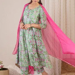 Indo Era Women Floral Printed Panelled Pure Cotton Kurta with Trousers & With Dupatta image 3