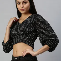 SHOWOFFFF Print Puff Sleeve Crepe Cinched Waist Crop Top image 2