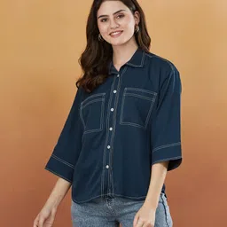 j turritopsis Women Boxy Fit Solid Curved Collar Casual Shirt-picture-10