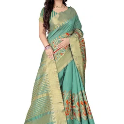 KALINI Turquoise Blue & Gold-Toned Ethnic Motifs Zari Silk Cotton Bagh Saree image 2