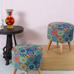 Shadowkart Blue & Green Printed Round Wooden Pouffes Ottoman-image-62