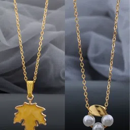 Birado Jewellery Set Of 2 Stainless Steel Gold-Plated Artificial Beaded Minimal Necklace-picture-20