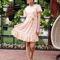 Sera Puff Sleeve Ruffled Chiffon Fit & Flare Dress-picture-1