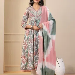 AARAAS Women Floral Regular Thread Work Pure Cotton Kurta with Trousers & With Dupatta-image-50