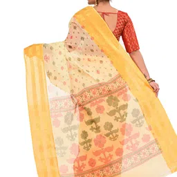 PuJoy Floral Printed Zari Pure Cotton Taant Saree image 3