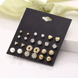 PolluxCraft Korean Set Of 12 Gold-Plated Artificial Stones-Studded Contemporary Studs-picture-25