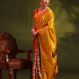 Anouk Yellow & Off White Ethnic Motifs Printed Half And Half Patola Saree image 3