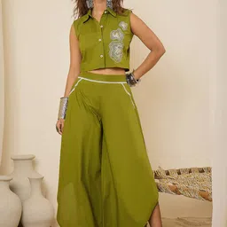 WineRed Embroidered Sleeveless Pure Cotton Shirt With Palazzo-image-0