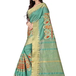 KALINI Turquoise Blue & Gold-Toned Ethnic Motifs Zari Silk Cotton Bagh Saree image 3
