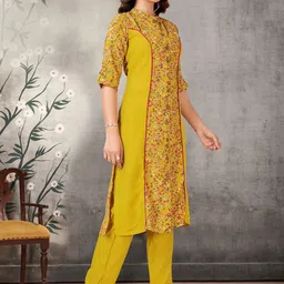 KALINI Abstract Printed Mandarin Collar Straight Kurta with Trousers image 4