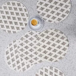 BELLA TRUE 6Pcs White & Grey Printed Cotton Round Table Placemats image 1