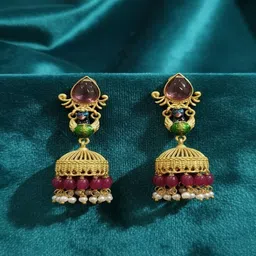 PANASH Gold Plated Artificial Stones Studded & Beaded Peacock Shaped Jhumkas-image-14