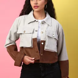Kaali Peeli Women Colourblocked Corduroy Crop Outdoor Woven Jacket-picture-34