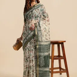 MIRCHI FASHION Off White & Green Floral Printed Zari Block Print Saree image 4