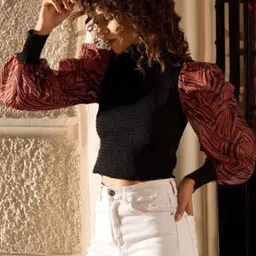 STYLECAST X KASSUALLY Women Geometric Print Puff Sleeve Cotton Top image 4