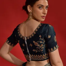 Mitera Teal & Gold-Toned Ethnic Motifs Sequinned Embroidered Pure Georgette Belted Saree image 4