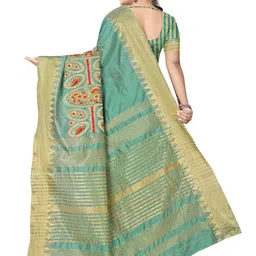 KALINI Turquoise Blue & Gold-Toned Ethnic Motifs Zari Silk Cotton Bagh Saree image 4